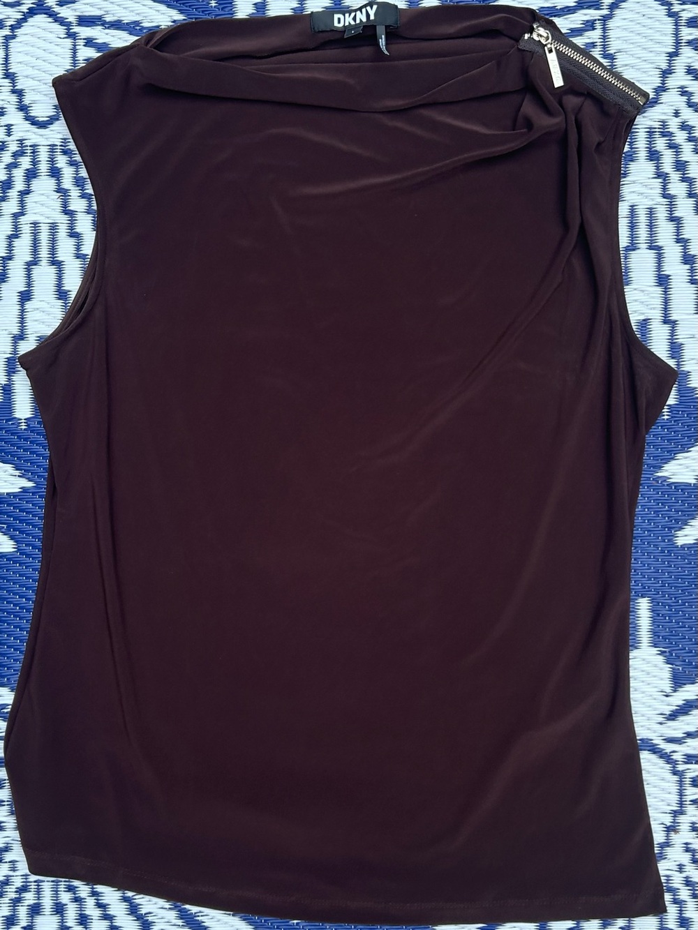 🌺Vintage DKNY Dark Chocolate Zip-Shoulder Cowl-Neck Sleeveless Top - size L